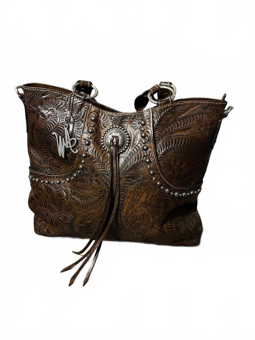 American West Brown Tooled Leather Tote Bag with Silver Stud Accents